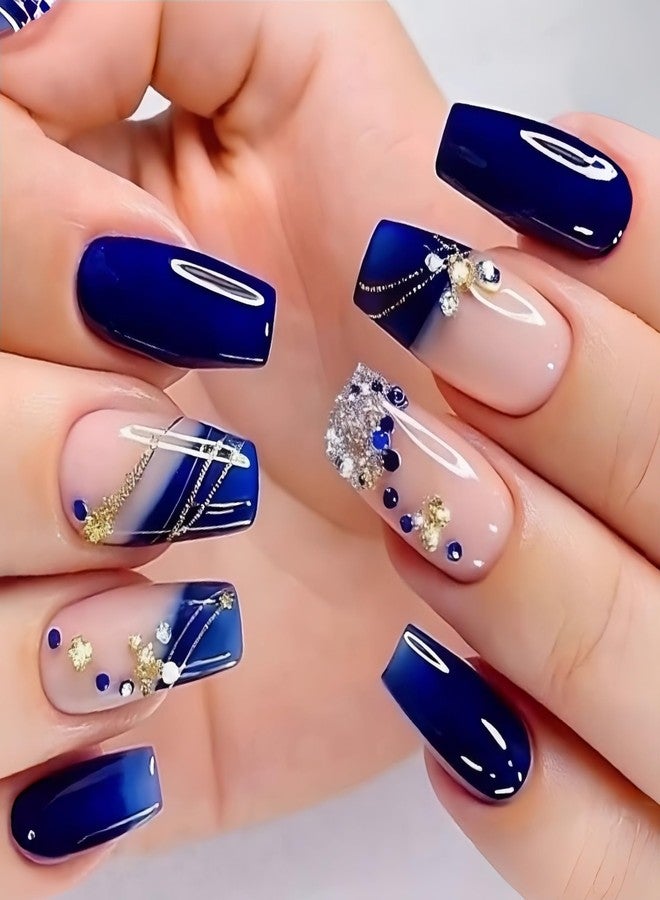 OCOUYVD Press on Nails Long Coffin Navy Blue with Glitter Rhinestones | 24PCS Reusable Glossy Fake Nails |trendy French Tip Ombre Design | False Nails Party Wedding Manicure Kit for Women Girls - Image 1
